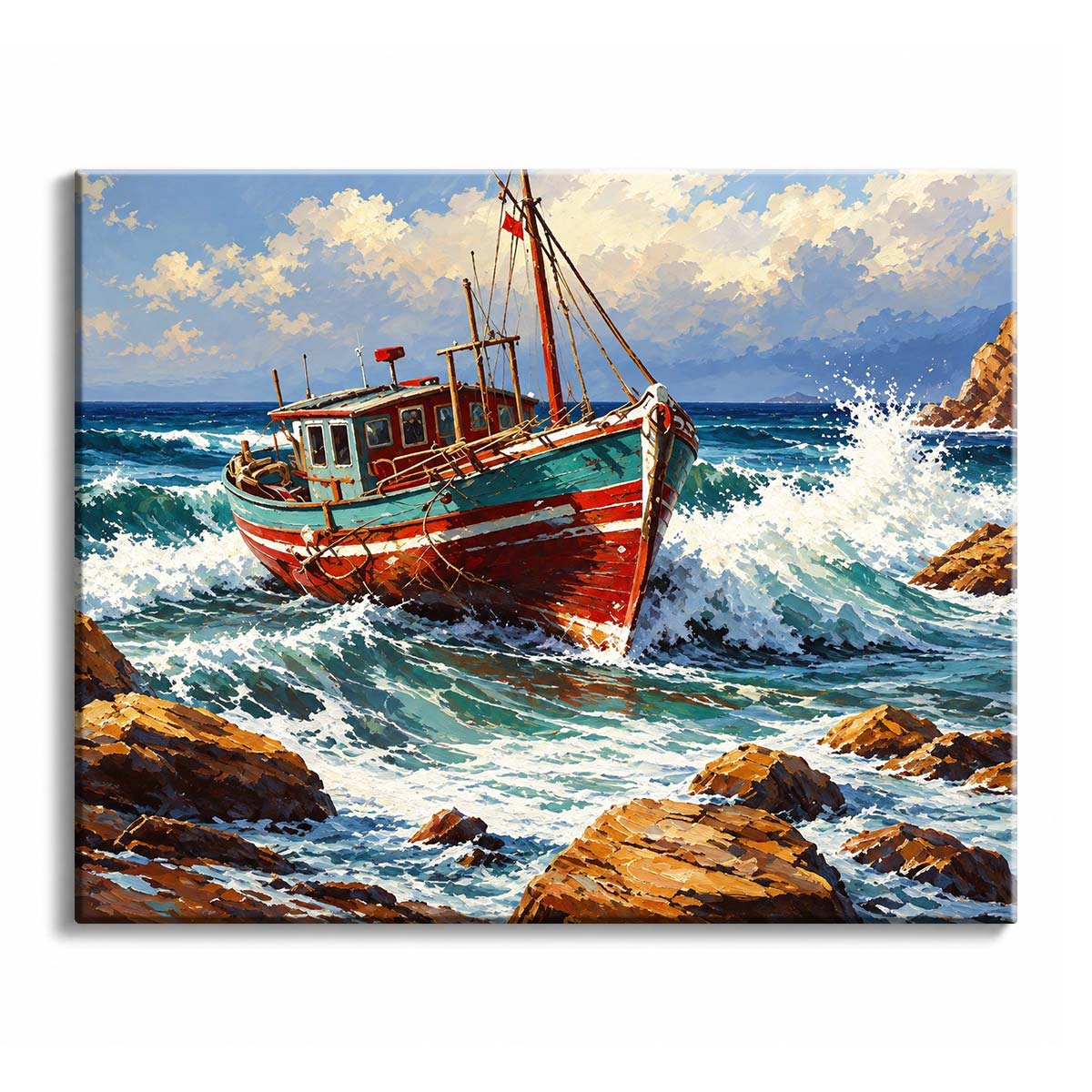 A dramatic paint by numbers seascape of a weathered red and teal fishing boat pitching through crashing white waves toward rocky shore, under a moody grey sky.