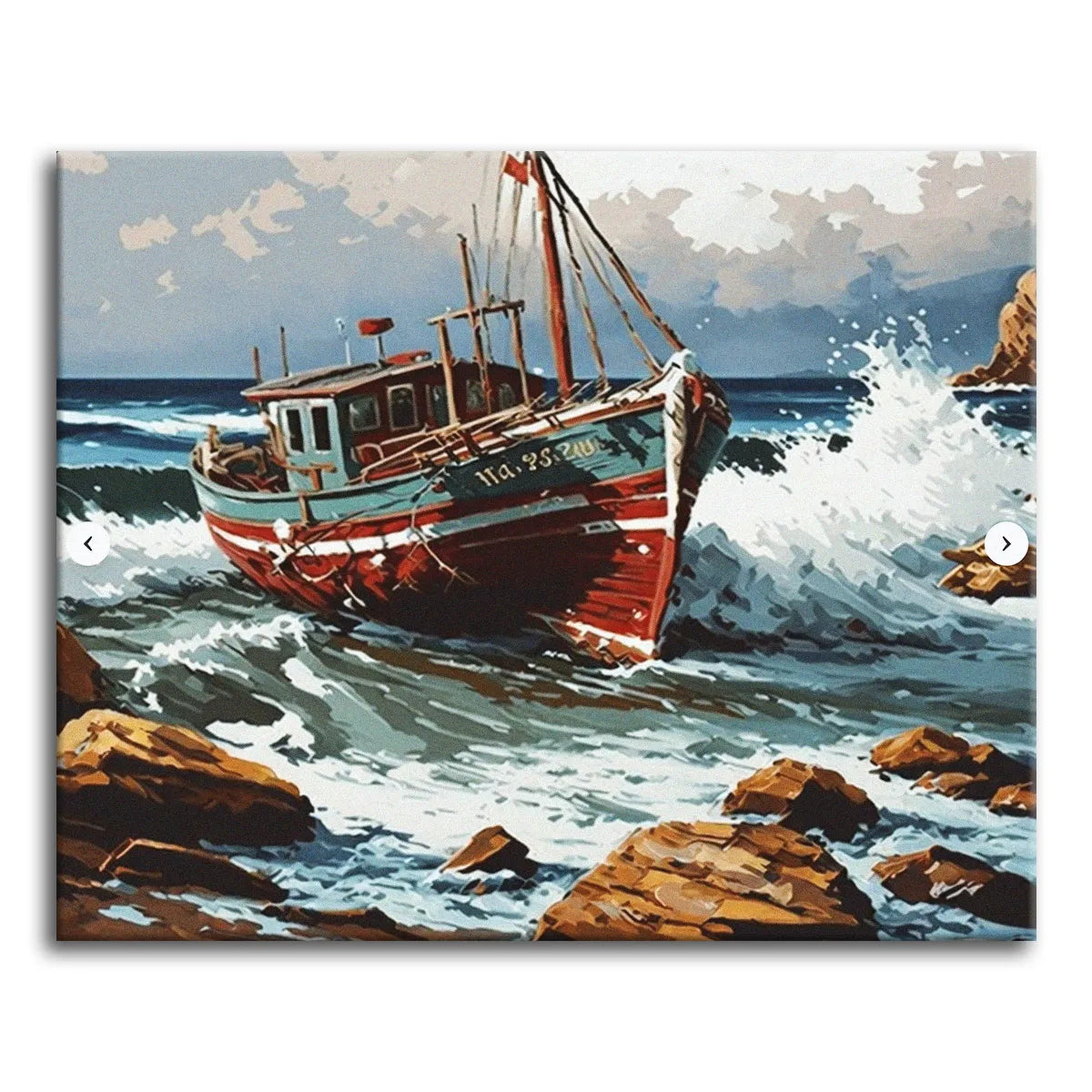 A dramatic paint by numbers seascape of a weathered red and teal fishing boat pitching through crashing white waves toward rocky shore, under a moody grey sky.