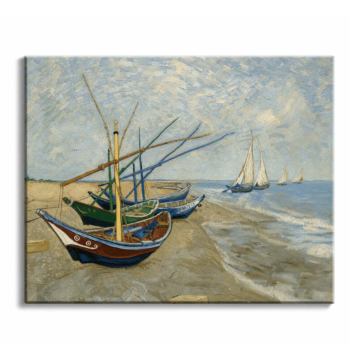 A beach at Saintes-Maries with four wooden fishing boats and crossing masts, in a paint by numbers design.