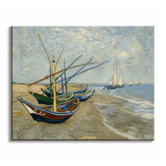 A beach at Saintes-Maries with four wooden fishing boats and crossing masts, in a paint by numbers design.