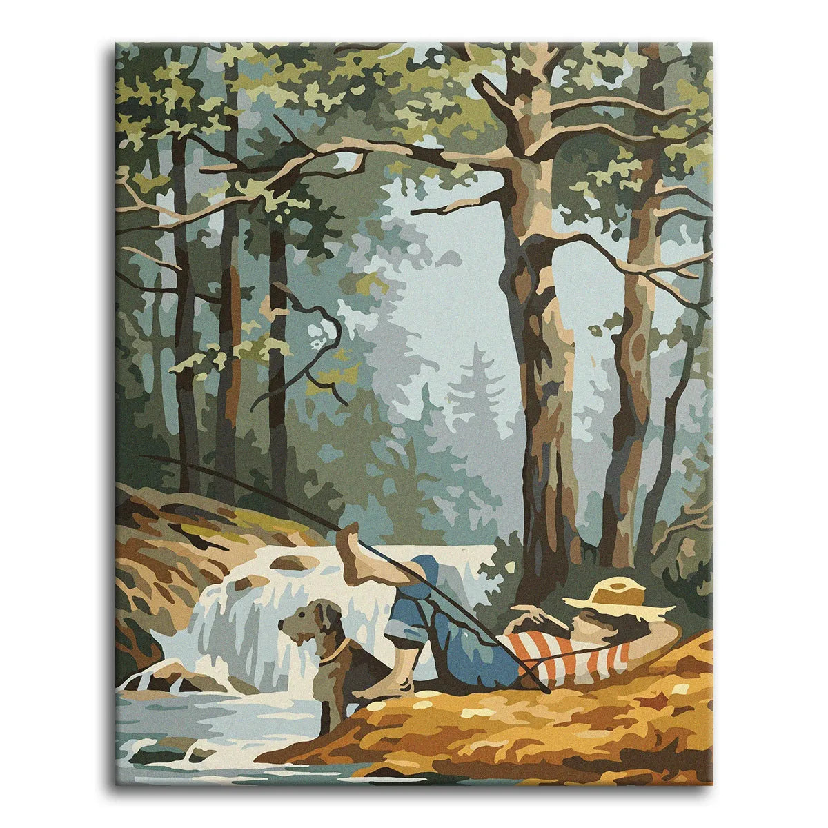 A paint by numbers scene of a boy fishing by a forest waterfall with a resting companion under a straw hat and a dog.