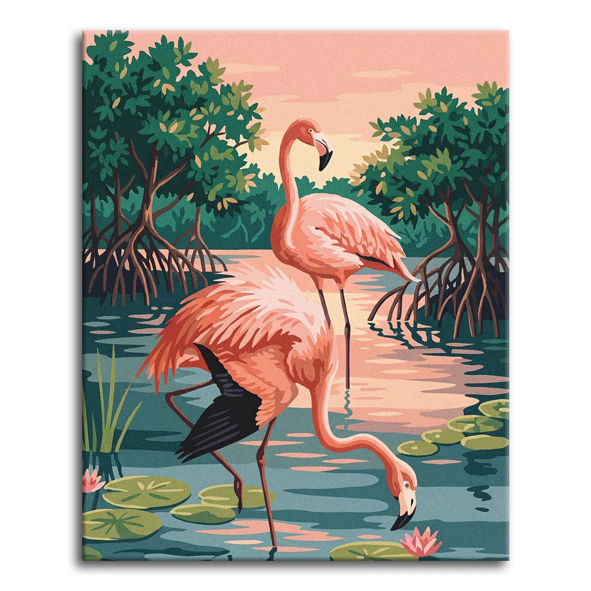 A flat, graphic paint by numbers scene of two pink flamingos wading in a tropical mangrove lagoon with lily pads and water lilies, against a soft pink sunset sky.