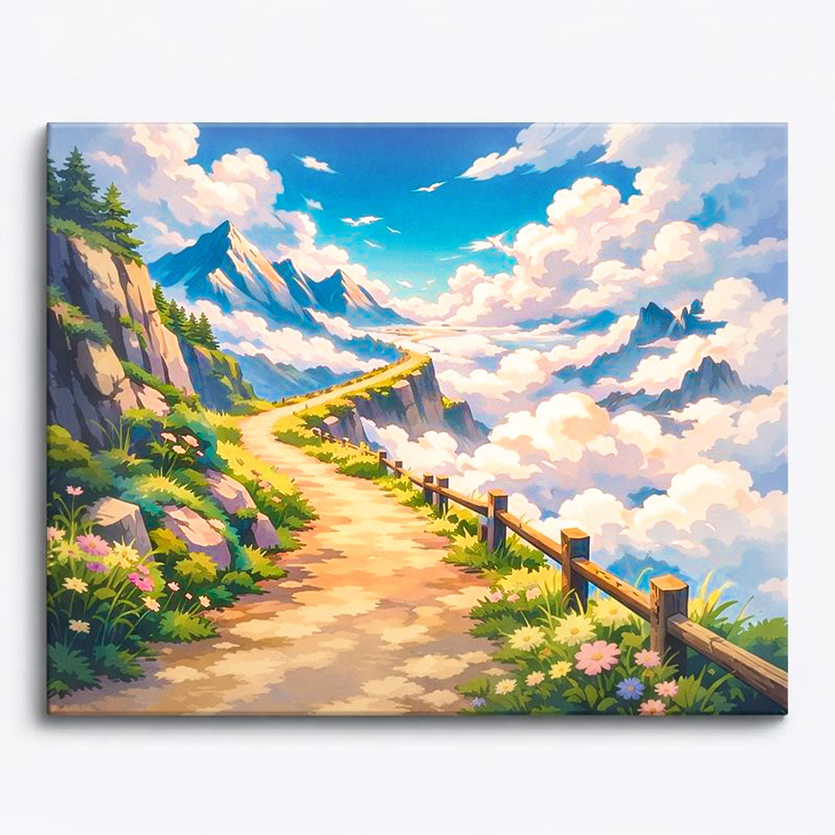 anime style mountain path above the clouds with wooden fence bright sky distant peaks fantasy landscape paint by numbers design
