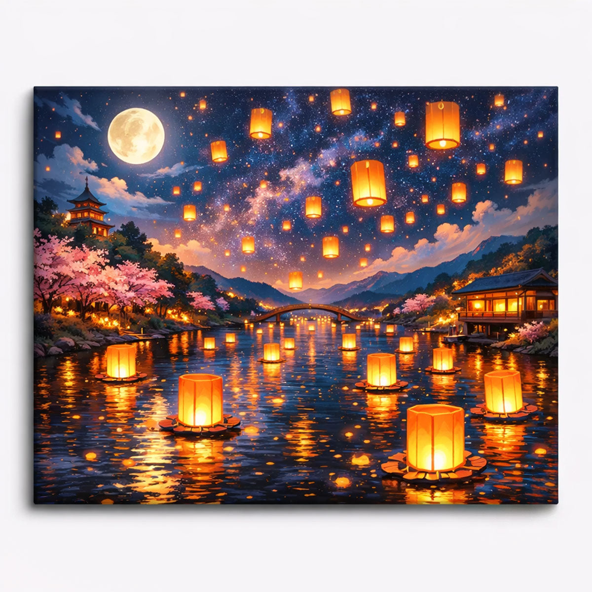 anime style floating lantern river under full moon with glowing reflections night fantasy landscape paint by numbers design