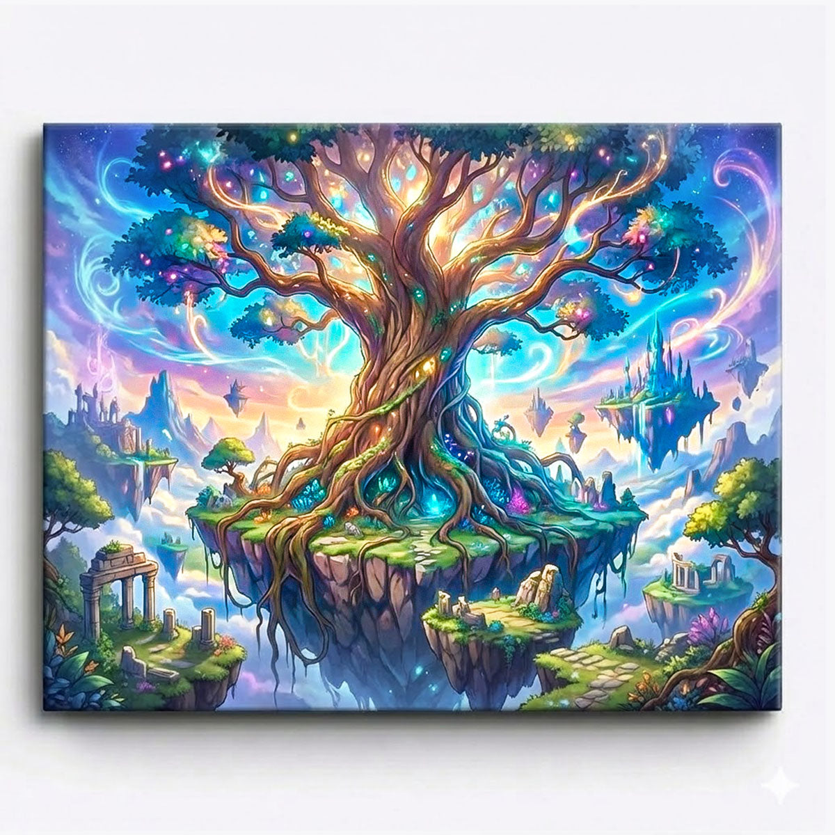 anime style glowing world tree on floating islands surrounded by magical light fantasy landscape paint by numbers design