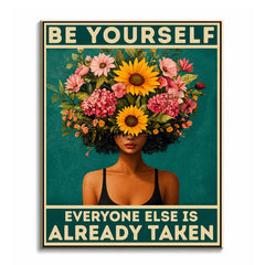 A quote paint by numbers design of a woman wearing a crown of sunflowers and pink blooms on a teal background with the words Be Yourself.