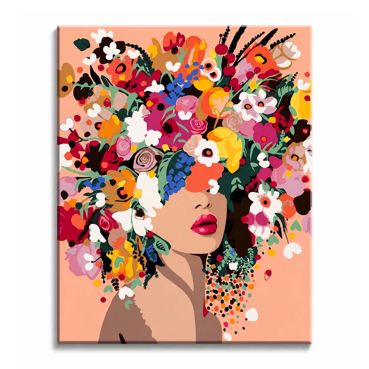 A flower head woman paint by numbers design showing a bouquet of blooms covering her eyes above her red lips.