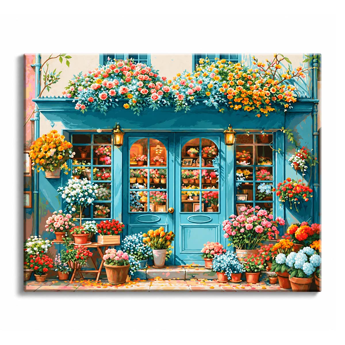 At a turquoise storefront, a flower shop paint by numbers design fills window boxes, display shelves, and sidewalk pots with pink, orange, white, and blue blooms.