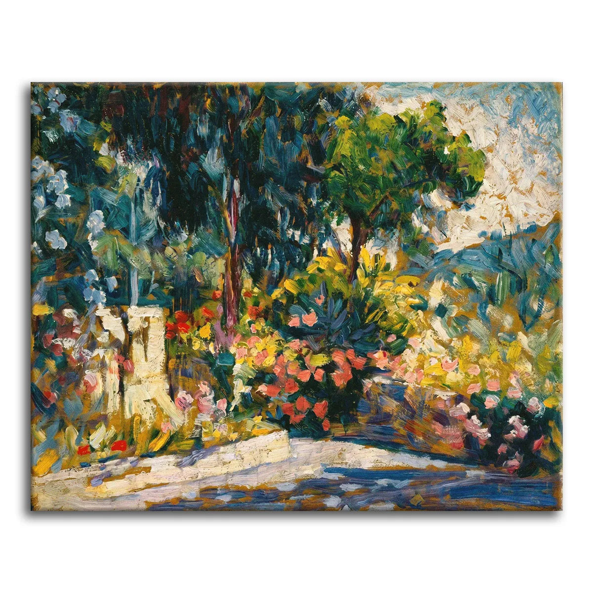 A paint by numbers Impressionist garden corner with pink and red flowers over a stone wall, a small tree, and deep green foliage.