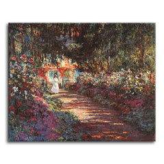 A paint by numbers shaded garden path with arching dark foliage, banks of red roses, and a woman in white at a sunlit doorway.