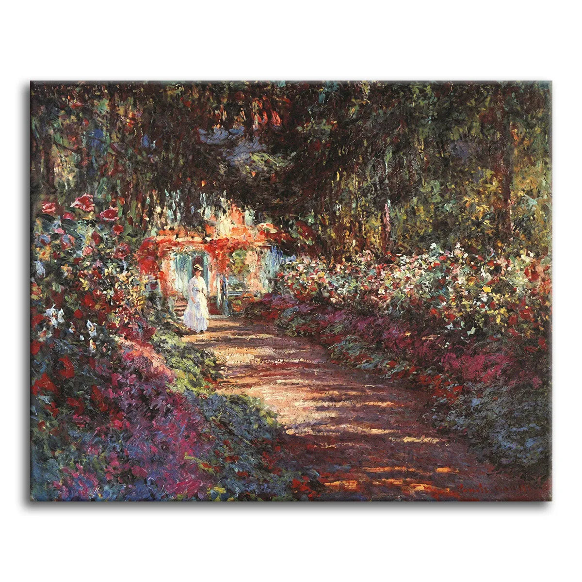 A paint by numbers shaded garden path with arching dark foliage, banks of red roses, and a woman in white at a sunlit doorway.