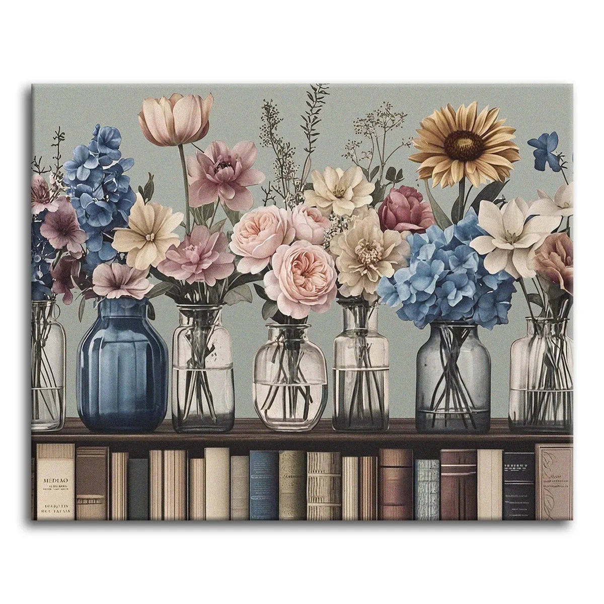 A calm paint by numbers still life of glass and ceramic vases holding roses, hydrangeas, tulips, and a single sunflower, lined up along a shelf above a row of old books, against a muted grey-blue wall.