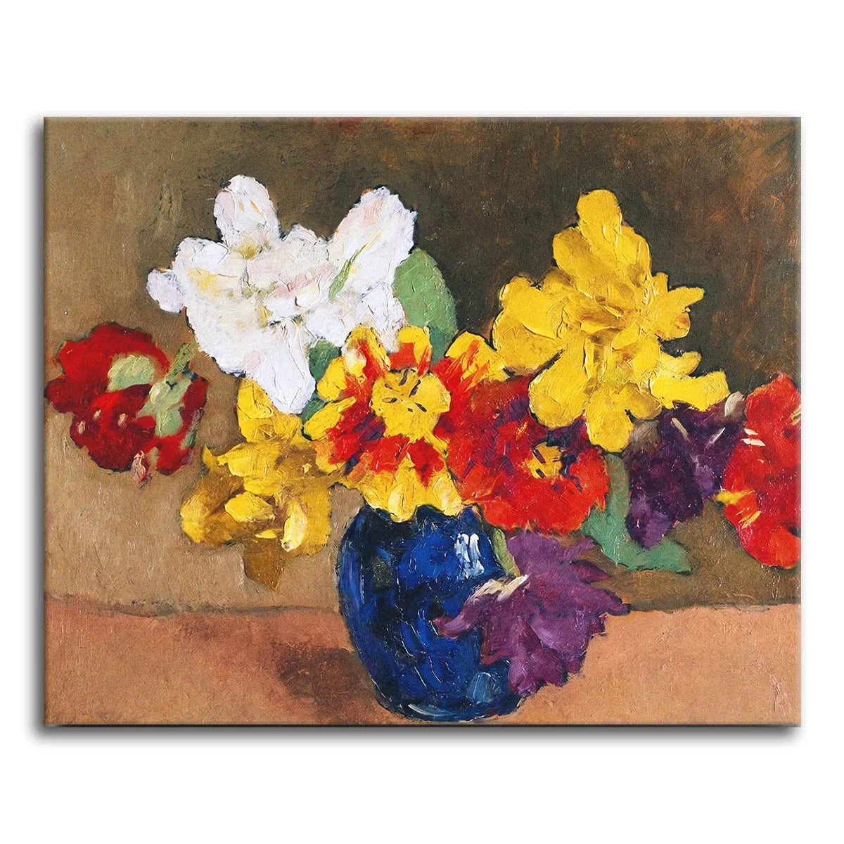 A painterly still life of red, yellow, white, and violet flowers in a deep blue vase against a warm muted background, shown as a paint by numbers canvas.