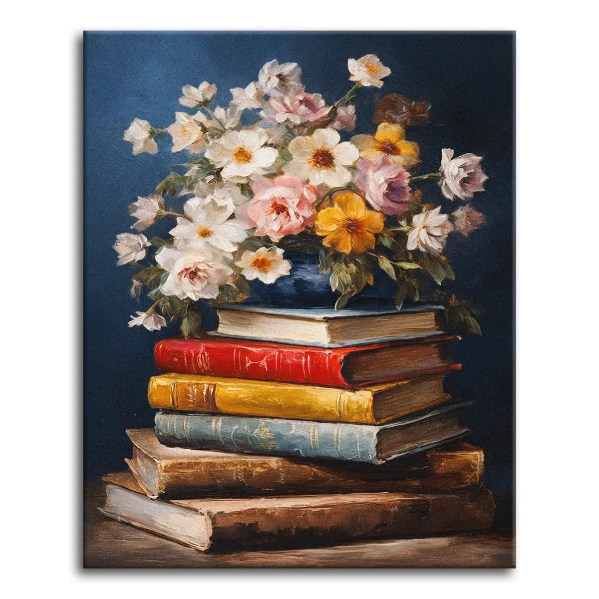 A rich oil-style paint by numbers still life of white, pink, and yellow flowers in a blue vase resting on a stack of colorful old books, against a deep dark blue background.