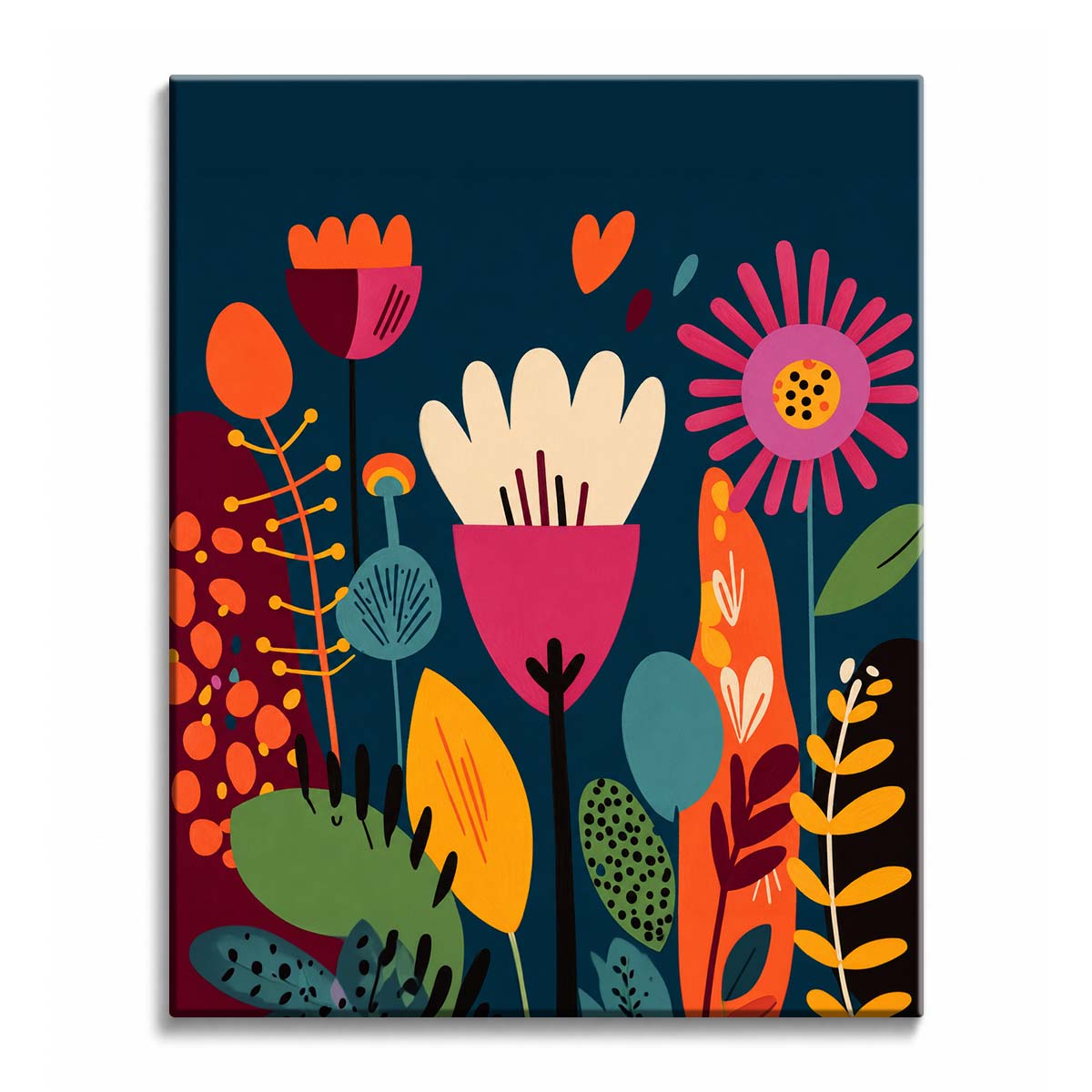 A modern flower paint by numbers design showing oversized pink, orange, cream, and green folk-style blooms against a deep teal background.