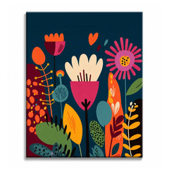 A modern flower paint by numbers design showing oversized pink, orange, cream, and green folk-style blooms against a deep teal background.