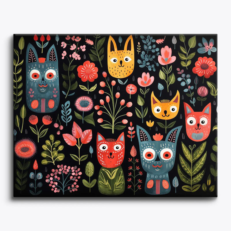 Folk Art Cats and Flowers Paint by Numbers Kit-zoom-
