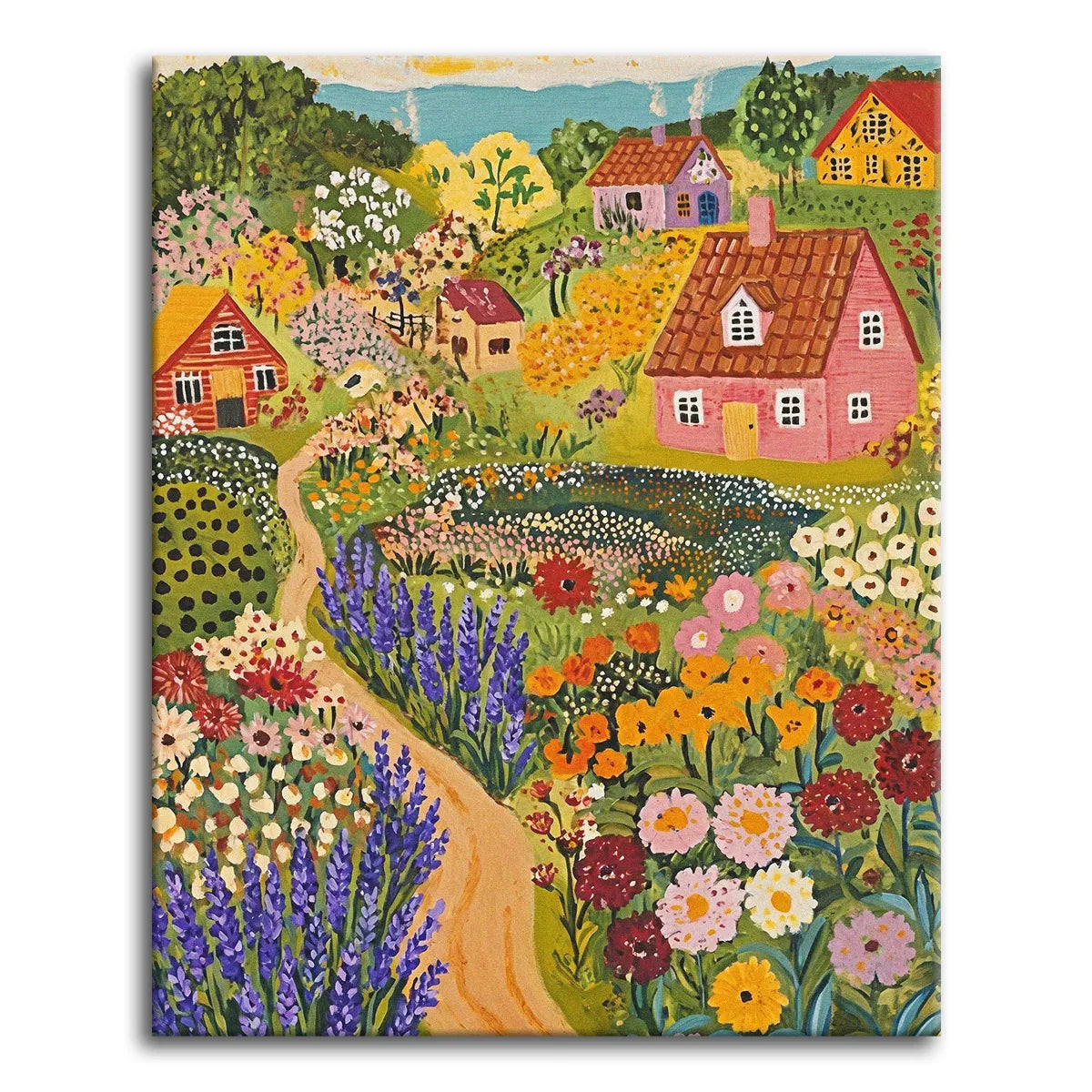 A joyful naive folk-art paint by numbers scene of a hillside village with colorful tiled-roof cottages, a winding path, lavender, and dense beds of daisies, poppies, and blossoming trees.