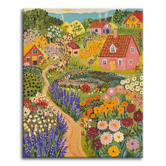 A joyful naive folk-art paint by numbers scene of a hillside village with colorful tiled-roof cottages, a winding path, lavender, and dense beds of daisies, poppies, and blossoming trees.
