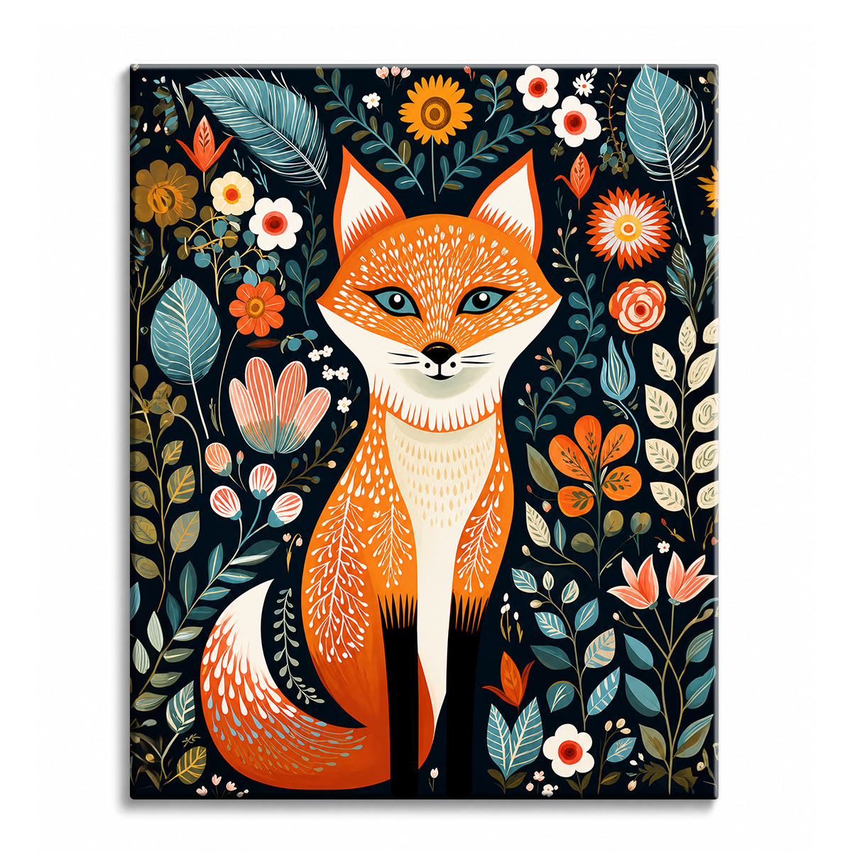 A decorative folk art fox with patterned orange fur sitting among stylized flowers and leaves on a dark background, shown as a paint by numbers canvas.