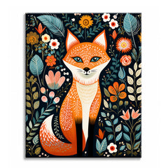 A decorative folk art fox with patterned orange fur sitting among stylized flowers and leaves on a dark background, shown as a paint by numbers canvas.