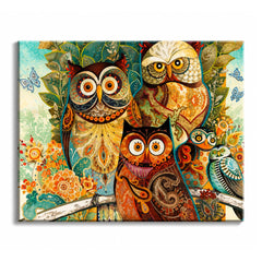 A paint by numbers canvas of five ornately patterned owls among leaves, blossoms, and butterflies in warm folk-art style.