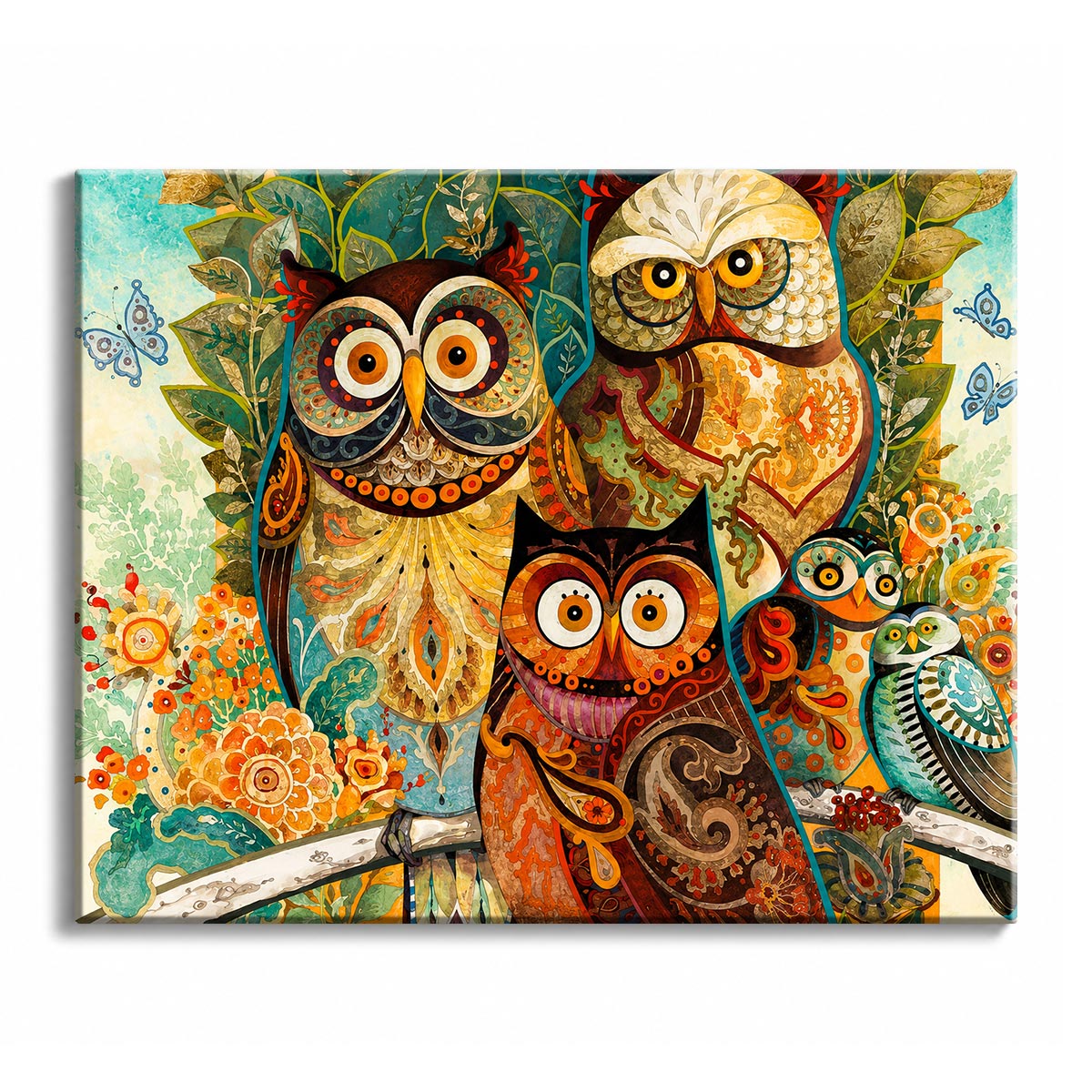 A paint by numbers canvas of five ornately patterned owls among leaves, blossoms, and butterflies in warm folk-art style.
