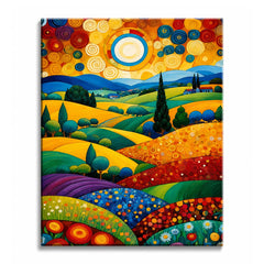 Quilted hills roll toward blue mountains under a sky of spiral suns, in a paint by numbers design.