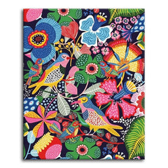 A dense folk-art scene of stylized birds among bright flowers, leaves, and berries on a deep navy background, shown as a paint by numbers canvas.