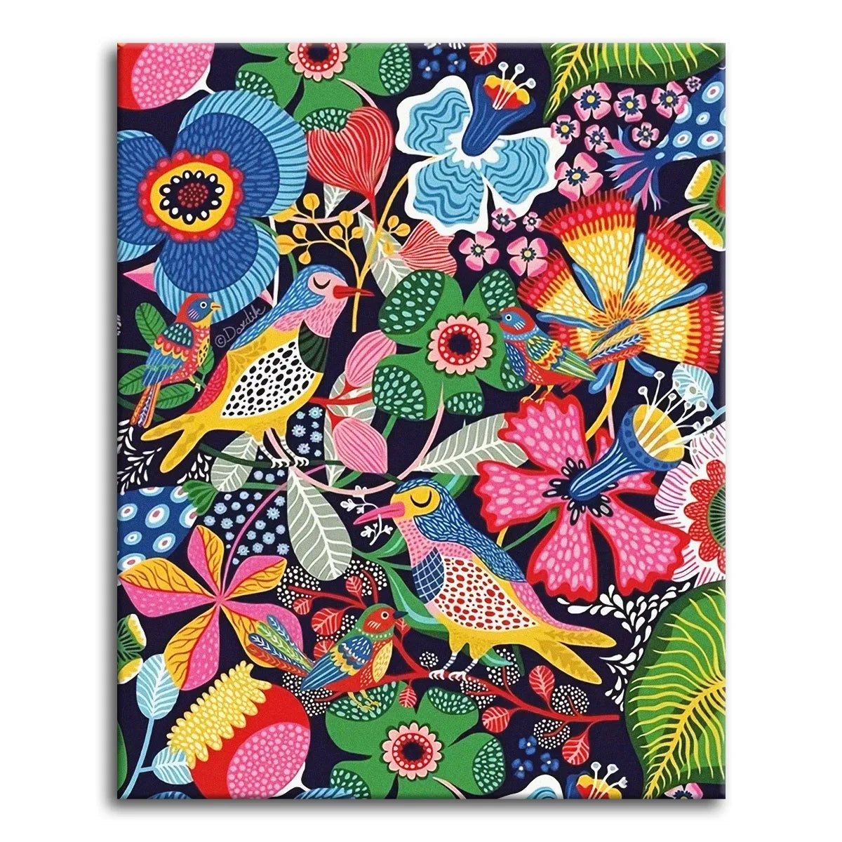 A dense folk-art scene of stylized birds among bright flowers, leaves, and berries on a deep navy background, shown as a paint by numbers canvas.