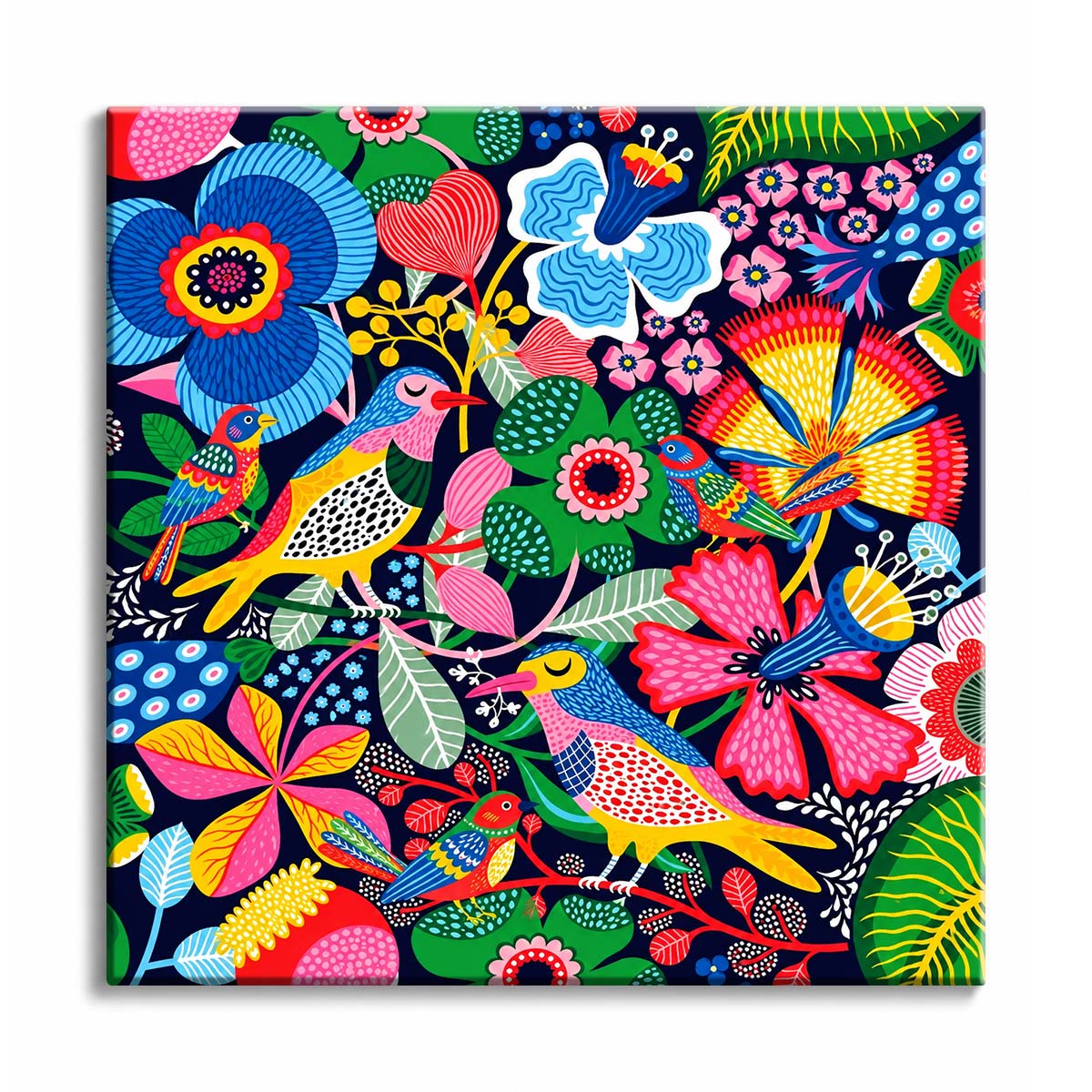 A mini paint by numbers design of folk birds among oversized flowers and broad green leaves, all set against a dark navy ground.