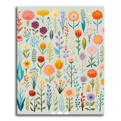 Dozens of colorful folk-art flowers and stems arranged in rows like a botanical chart on a soft sage-green background, shown as a paint by numbers canvas.