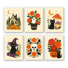 On striped cream backgrounds, orange dahlias frame a folk skull, a ghost in a flowerpot, and black cats among toadstools, in a floral halloween paint by numbers mini set.