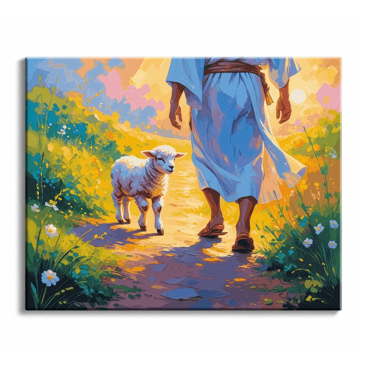A paint by numbers canvas in bright impressionist style of a lamb walking beside Jesus down a sunlit path through a wildflower meadow at golden hour.