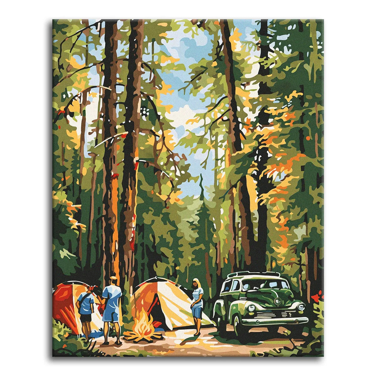 A bold, graphic vintage paint by numbers scene of campers with orange tents and a campfire beside a green car, set among tall pine trees in a sunlit forest.