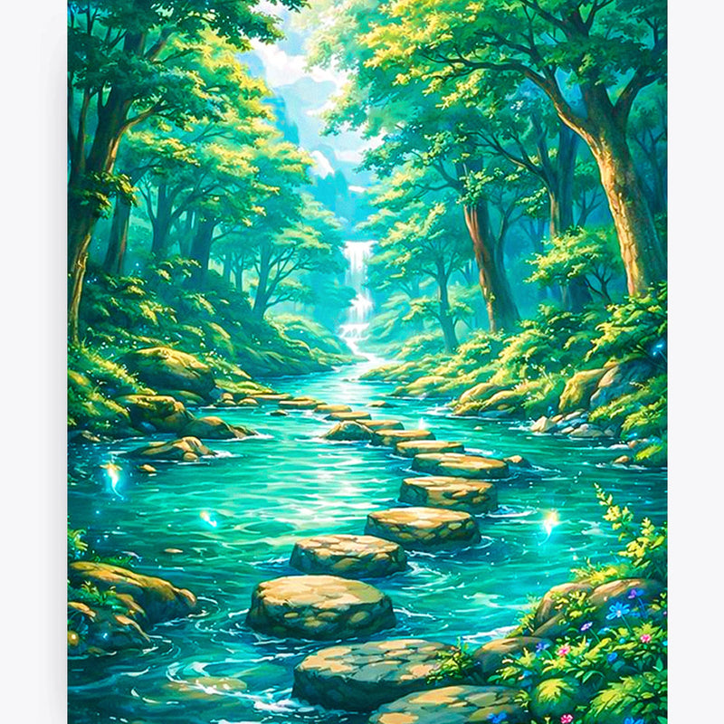 Forest Stream Stepping Stones Fantasy Paint by Numbers Kit-zoom-