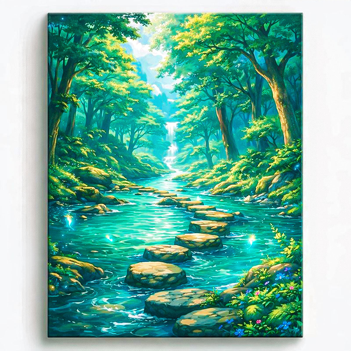 anime style forest stream with stepping stones leading toward waterfall peaceful woodland fantasy landscape paint by numbers design