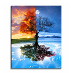 A single tree split between autumn sunset and snowy winter night, with a reflection below showing summer and spring, shown as a paint by numbers canvas.