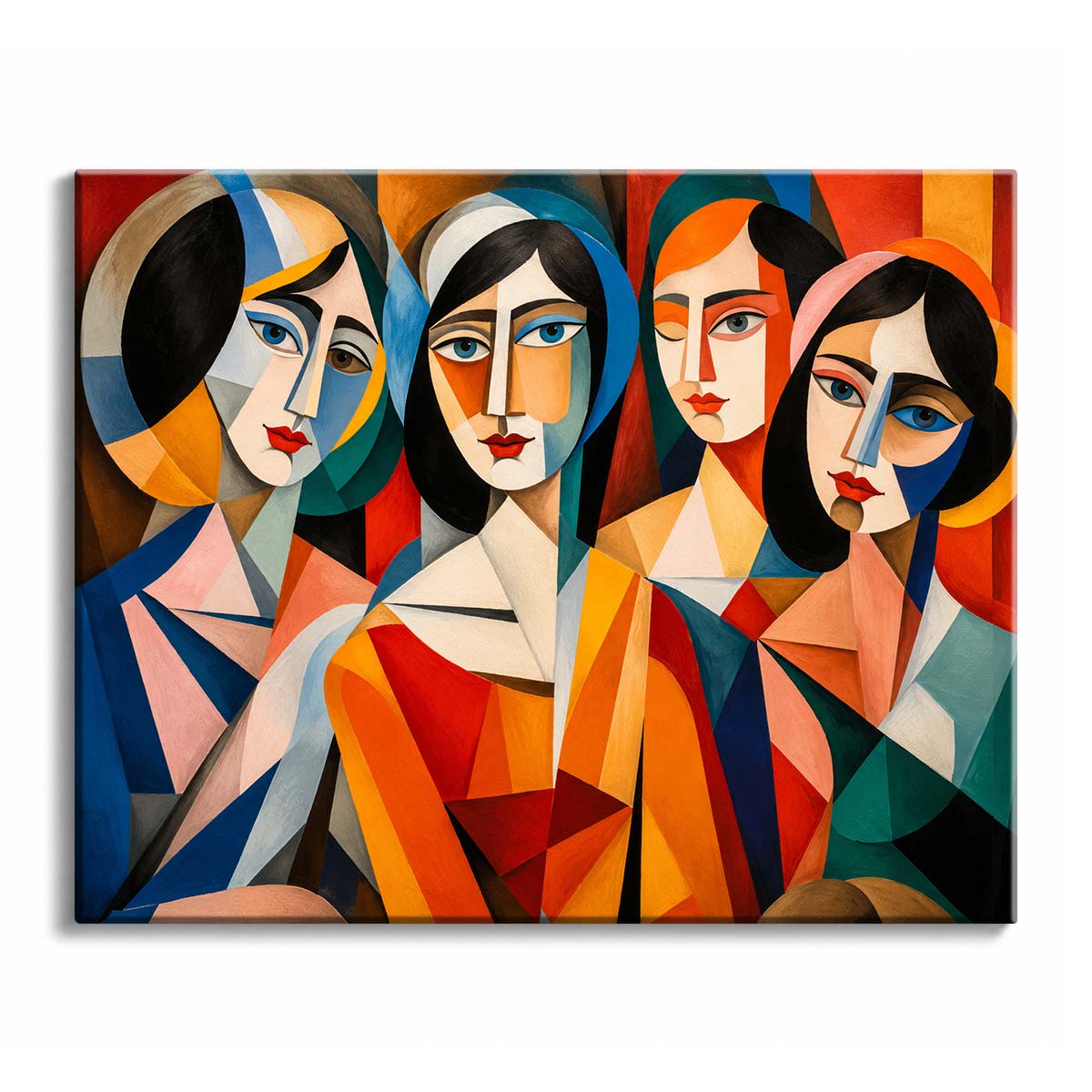 Four stylized female faces built from flat geometric shapes in red, orange, blue and cream, in a cubist paint by numbers design.