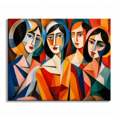 Four stylized female faces built from flat geometric shapes in red, orange, blue and cream, in a cubist paint by numbers design.