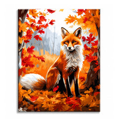 A red fox standing among fallen scarlet and orange maple leaves in a misty autumn wood, shown as a paint by numbers canvas.