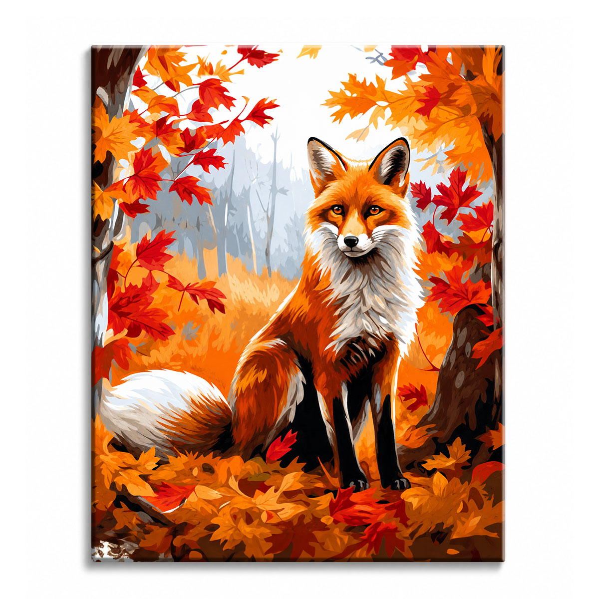 A red fox standing among fallen scarlet and orange maple leaves in a misty autumn wood, shown as a paint by numbers canvas.