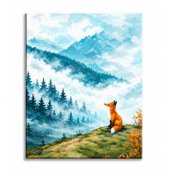 A red fox sitting on a green ridge looking out over misty blue mountains and spruce forest, shown as a paint by numbers canvas.