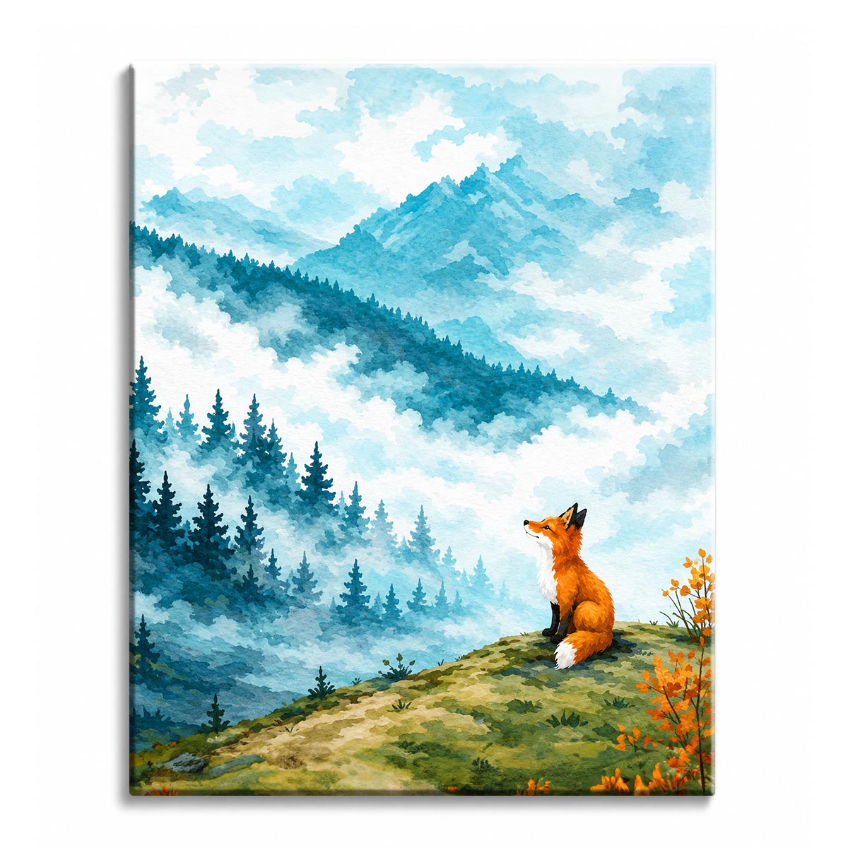 A red fox sitting on a green ridge looking out over misty blue mountains and spruce forest, shown as a paint by numbers canvas.