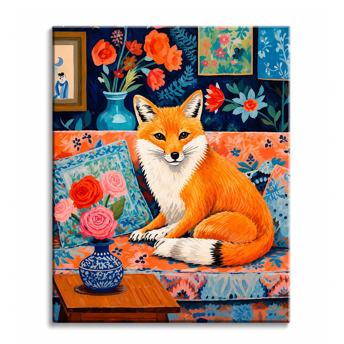 A red fox sitting on a patterned sofa with floral cushions, roses in a blue vase and floral wallpaper behind, shown as a paint by numbers canvas.