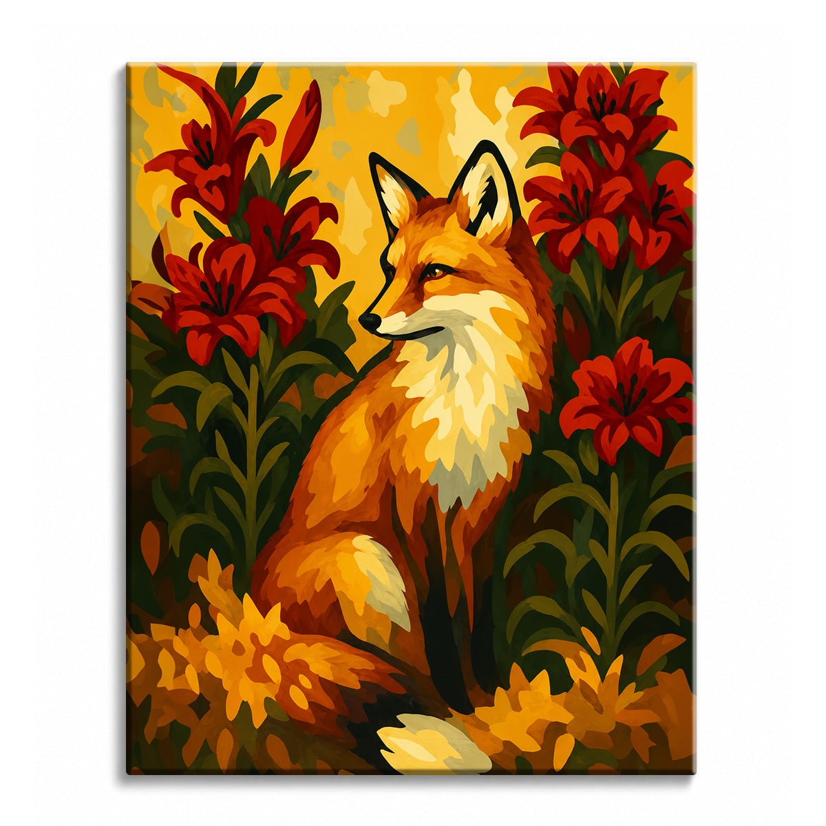 A fox sitting upright among red lilies against a golden yellow background, shown as a paint by numbers canvas.