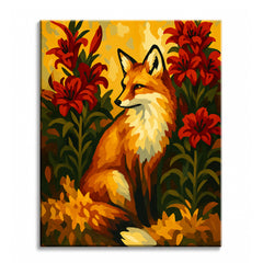 A fox sitting upright among red lilies against a golden yellow background, shown as a paint by numbers canvas.