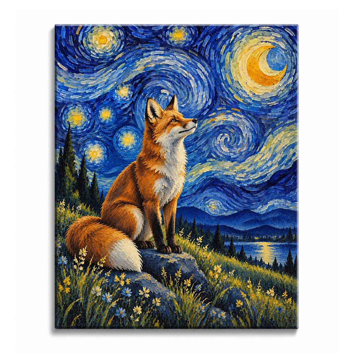 A Van Gogh style fox paint by numbers design showing a seated red fox on blue rocks beneath a crescent moon and swirling sky above a reflective lake and dark pines.