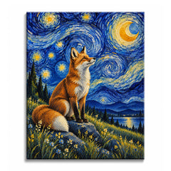 A Van Gogh style fox paint by numbers design showing a seated red fox on blue rocks beneath a crescent moon and swirling sky above a reflective lake and dark pines.