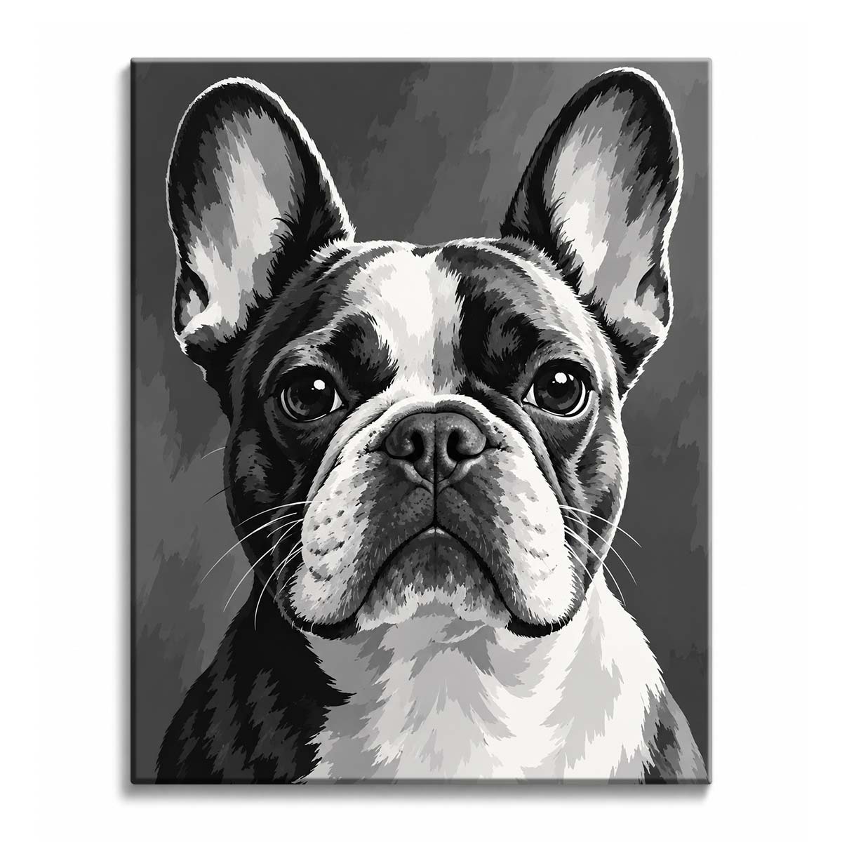 A French bulldog with tall ears and large dark eyes looks straight ahead against a gray backdrop, in a black and white paint by numbers design.